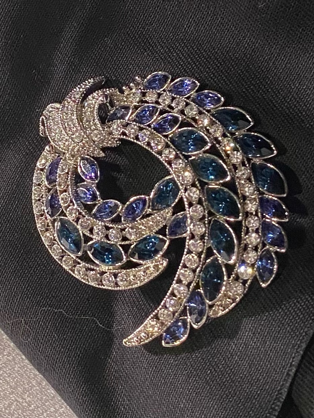 Blue Crystal Swirl Brooch with Clear Accents - Women Jewelry